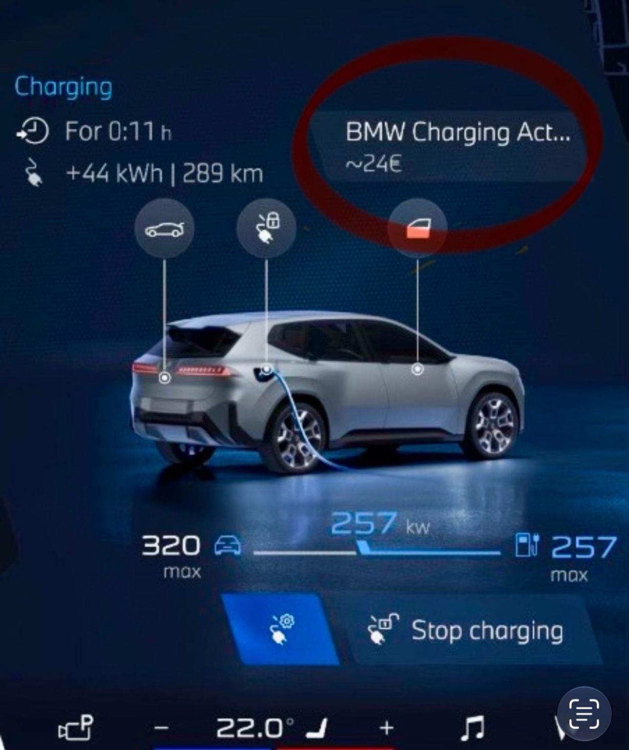 BMW in-car charging display showing live charging costs