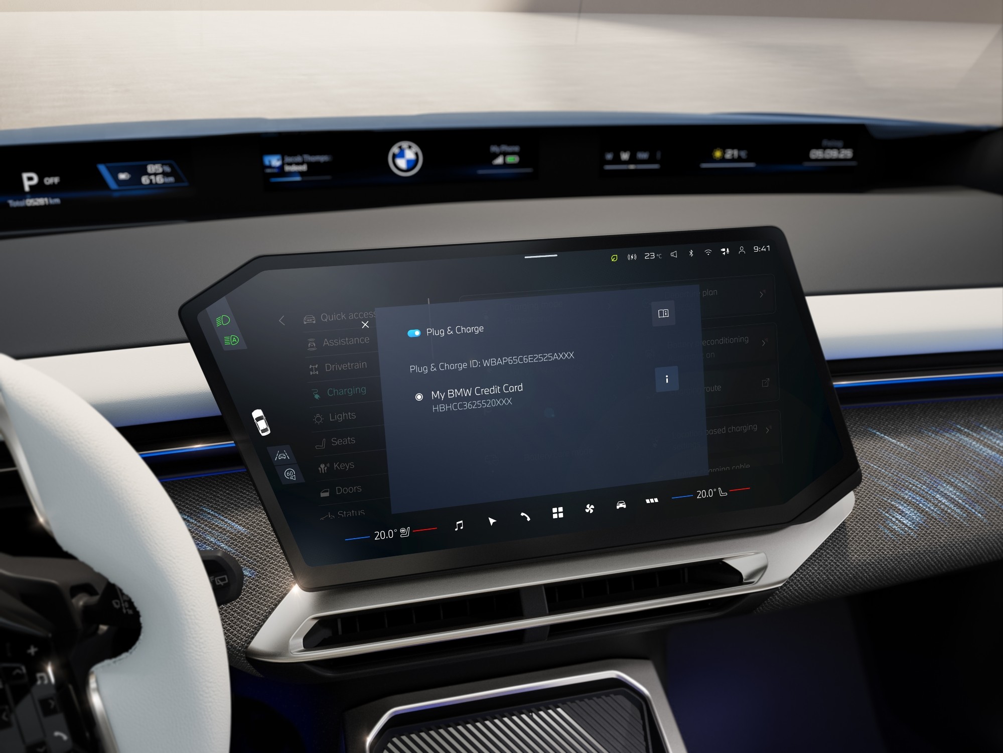 BMW in-car display showing Plug and Charge with a linked credit card